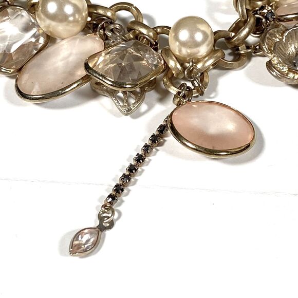 Antiqued Loaded Charm Necklace Gold Tone Box Chain Flower Dangle Leaves Collar - Picture 7 of 8